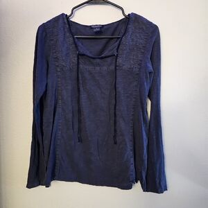 Lucky Brand Embroidered Navy Long Sleeve Top